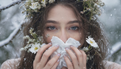 1girl, solo, long hair, looking at viewer, blue eyes, brown hair, holding, flower, blurry, fingernails, thick eyebrows, white flower, portrait, snow, snowing, realistic, branch