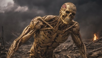 solo,1boy,male focus,outdoors,sky,teeth,cloud,no humans,muscular,cloudy sky,fire,1other,smoke,skull,monster,ruins,ribs,skeleton,bone,burning,standing