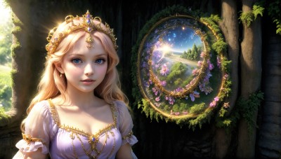 HQ,1girl,solo,long hair,breasts,looking at viewer,smile,blue eyes,blonde hair,dress,cleavage,jewelry,medium breasts,collarbone,upper body,flower,short sleeves,earrings,small breasts,parted lips,puffy sleeves,white dress,tree,puffy short sleeves,lips,eyelashes,sunlight,tiara,crown,plant,gem,nature,forest,light rays,realistic,nose,fantasy,vines,pillar,princess,arch,sky,day,sparkle,scenery,light