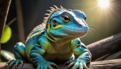 HQ,solo,closed mouth,tail,full body,teeth,blurry,no humans,animal,sunlight,sharp teeth,claws,monster,realistic,sun,scales,animal focus,whiskers,alien,turtle,dinosaur,lizard,open mouth,colored skin,light rays,frog,spotlight