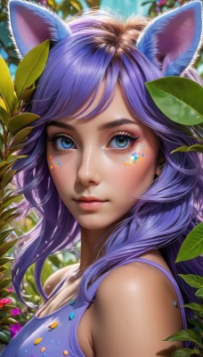 1girl,solo,long hair,breasts,looking at viewer,bangs,blue eyes,animal ears,bare shoulders,medium breasts,closed mouth,upper body,purple hair,day,shiny,artist name,cat ears,blurry,from side,lips,eyelashes,makeup,blurry background,swept bangs,leaf,watermark,facial mark,tank top,plant,portrait,web address,eyeshadow,freckles,pink lips,realistic,nose,mascara,cleavage,green eyes,flower,outdoors,sleeveless,star (symbol),mole,fox ears,sunlight,facepaint