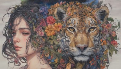 1girl,solo,long hair,looking at viewer,black hair,hair ornament,brown eyes,flower,parted lips,hair flower,lips,animal,leaf,plant,portrait,freckles,realistic,tiger,orange flower,bangs,closed mouth,yellow eyes,black eyes,eyelashes,red flower,yellow flower,nose,purple flower,year of the tiger