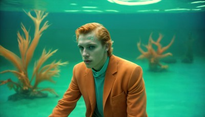 HQ,solo,looking at viewer,blue eyes,blonde hair,shirt,1boy,jewelry,jacket,upper body,male focus,earrings,parted lips,open clothes,water,sweater,lips,colored skin,turtleneck,brown jacket,underwater,turtleneck sweater,realistic,alien,coral,tree,air bubble,aquarium,seaweed