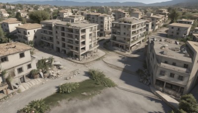 outdoors,sky,day,tree,no humans,window,shadow,grass,plant,ground vehicle,building,scenery,motor vehicle,stairs,city,car,road,bush,cityscape,ruins,house,street,from above,landscape,path,town