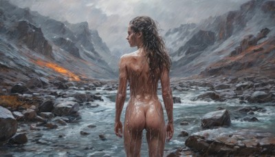 1girl,solo,long hair,black hair,standing,ass,nude,cowboy shot,outdoors,sky,cloud,dark skin,water,from behind,dark-skinned female,wet,completely nude,muscular,back,fire,rain,rock,mountain,realistic,arms at sides,muscular female,facing away,wet hair,grey sky,median furrow,closed mouth,braid,scar,cloudy sky,mountainous horizon