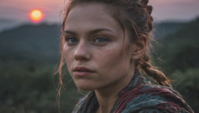 1girl,solo,long hair,looking at viewer,blue eyes,blonde hair,brown hair,braid,outdoors,parted lips,mole,blurry,lips,grey eyes,depth of field,blurry background,portrait,freckles,mountain,realistic,nose,twin braids,sunlight,close-up,backlighting,sunset,sun,dirty,sunrise,dirty face