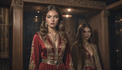 1girl,long hair,breasts,looking at viewer,multiple girls,brown hair,black hair,long sleeves,dress,2girls,cleavage,brown eyes,jewelry,medium breasts,closed mouth,upper body,earrings,indoors,necklace,lips,makeup,wavy hair,red dress,pendant,reflection,robe,mirror,standing,parted lips,sash,realistic