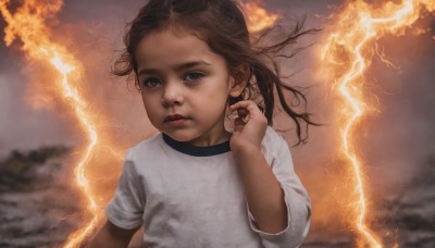 1girl,solo,long hair,looking at viewer,blue eyes,brown hair,shirt,closed mouth,white shirt,upper body,short sleeves,outdoors,sky,cloud,hand up,blurry,black eyes,lips,blurry background,cloudy sky,fire,child,hand in own hair,realistic,female child,electricity,lightning