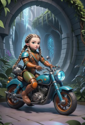 1girl,solo,long hair,looking at viewer,blue eyes,blonde hair,brown hair,gloves,sitting,braid,boots,pointy ears,armor,twin braids,lips,bodysuit,leaf,watermark,brown footwear,plant,ground vehicle,elf,shoulder armor,motor vehicle,brown gloves,fantasy,riding,knee pads,leather,vines,motorcycle,full body,flower