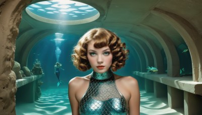 1girl,solo,breasts,looking at viewer,short hair,blue eyes,blonde hair,brown hair,bare shoulders,green eyes,upper body,solo focus,water,aqua eyes,lips,makeup,bird,halterneck,sunlight,lipstick,fishnets,fish,curly hair,light rays,underwater,fantasy,red lips,watercraft,sunbeam,pillar,column,aquarium,multiple girls,2girls,medium breasts,parted lips,teeth,leaf,monster girl,realistic,mermaid,statue