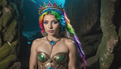 1girl,solo,long hair,breasts,bare shoulders,brown eyes,jewelry,upper body,pink hair,multicolored hair,earrings,green hair,necklace,two-tone hair,lips,strapless,gradient hair,makeup,tiara,crown,gem,nature,personification,realistic,headdress,rainbow hair,cleavage,medium breasts,red hair,water,armor