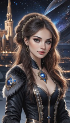 1girl,solo,long hair,breasts,looking at viewer,brown hair,hair ornament,long sleeves,dress,cleavage,brown eyes,jewelry,medium breasts,closed mouth,upper body,earrings,outdoors,sky,choker,artist name,signature,necklace,blurry,black dress,lips,fur trim,eyelashes,makeup,night,blurry background,wavy hair,gem,star (sky),night sky,starry sky,realistic,nose,red lips