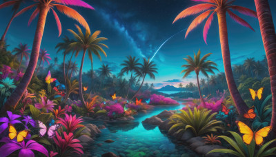 flower, outdoors, sky, cloud, water, tree, no humans, night, bug, butterfly, star (sky), nature, night sky, scenery, starry sky, palm tree, shooting star