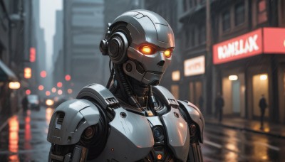 solo,1boy,upper body,male focus,outdoors,blurry,orange eyes,blurry background,glowing,helmet,robot,building,mecha,glowing eyes,science fiction,rain,city,android,cyborg,street,power armor,lights,cyberpunk,humanoid robot,yellow eyes,solo focus,night,portrait,1other,joints,cable,looking ahead,robot joints,neon lights