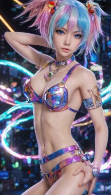 1girl,solo,breasts,looking at viewer,short hair,bangs,blue eyes,hair ornament,navel,cleavage,bare shoulders,twintails,jewelry,medium breasts,closed mouth,blue hair,standing,swimsuit,pink hair,flower,bikini,multicolored hair,cowboy shot,parted lips,choker,belt,artist name,hair flower,necklace,nail polish,bra,blurry,arm up,collar,bracelet,two-tone hair,lips,fingernails,blurry background,piercing,ring,short twintails,blue nails,arm behind head,watch,realistic,nose,wristwatch,hand on own thigh,navel piercing,armor,hand on hip,armlet,bikini armor