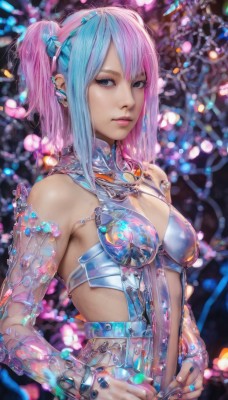 1girl,solo,breasts,looking at viewer,short hair,bangs,blue eyes,hair ornament,bare shoulders,twintails,jewelry,medium breasts,blue hair,upper body,pink hair,multicolored hair,earrings,small breasts,nail polish,blurry,two-tone hair,two side up,lips,fingernails,makeup,piercing,ring,ear piercing,revealing clothes,realistic,cleavage,closed mouth,armor,see-through,grey eyes,fantasy