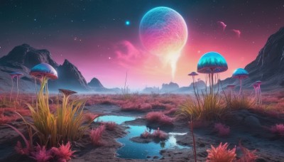 flower,outdoors,sky,cloud,water,tree,no humans,night,moon,grass,star (sky),nature,night sky,scenery,starry sky,reflection,rock,mountain,fantasy,mushroom,landscape,lake,planet,jellyfish