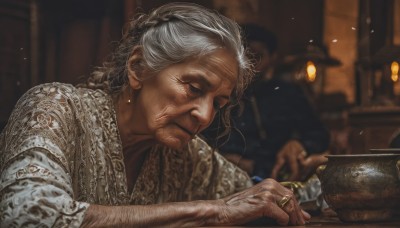 1girl,solo,long hair,1boy,holding,jewelry,closed mouth,closed eyes,upper body,white hair,grey hair,male focus,earrings,solo focus,indoors,blurry,depth of field,blurry background,facial hair,table,ring,beard,realistic,candle,old,old man,old woman,wrinkled skin,braid,hair bun,cup,scar,single hair bun