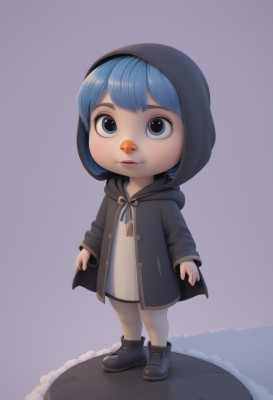 1girl,solo,looking at viewer,smile,short hair,bangs,blue eyes,simple background,long sleeves,blue hair,standing,full body,pantyhose,boots,shoes,shorts,artist name,hood,grey background,chibi,black footwear,hoodie,looking up,child,hood up,personification,freckles,female child,faux figurine,lips,watermark,cloak,white pantyhose,realistic,nose