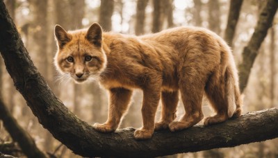 solo,looking at viewer,full body,outdoors,signature,blurry,black eyes,tree,no humans,depth of field,blurry background,animal,cat,nature,forest,realistic,branch,animal focus,whiskers,day,sunlight,backlighting