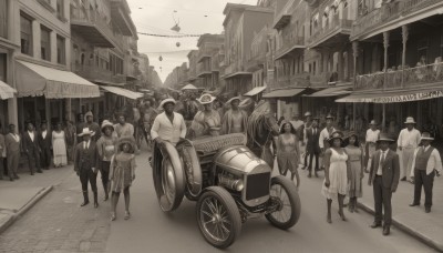 multiple girls,hat,dress,monochrome,greyscale,outdoors,multiple boys,6+girls,formal,suit,ground vehicle,building,scenery,motor vehicle,6+boys,city,aircraft,car,road,vehicle focus,motorcycle,street,crowd,people,long hair,skirt,boots,bag,high heels,mask,spot color,walking,sepia,pavement,crosswalk