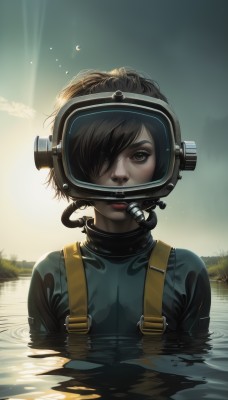 1girl,solo,looking at viewer,short hair,brown hair,black hair,brown eyes,upper body,outdoors,sky,water,hair over one eye,black eyes,lips,wet,bodysuit,helmet,goggles,partially submerged,reflection,realistic,nose,wet hair,diving mask,snorkel,wetsuit,signature,suspenders,overalls,ripples