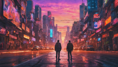 outdoors, multiple boys, sky, cloud, bag, from behind, dutch angle, backpack, cloudy sky, ground vehicle, building, scenery, motor vehicle, walking, sunset, city, sign, car, road, cityscape, power lines, street, twilight, cyberpunk, neon lights, crosswalk, vanishing point