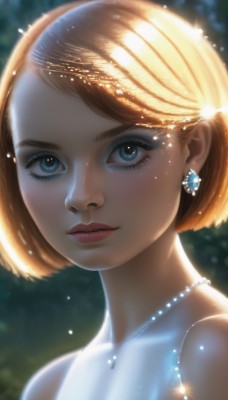 1girl,solo,looking at viewer,short hair,blue eyes,blonde hair,brown hair,dress,bare shoulders,jewelry,closed mouth,earrings,necklace,blurry,lips,eyelashes,sparkle,makeup,blurry background,bob cut,gem,portrait,realistic,nose,pearl necklace,upper body,parted lips,shiny,artist name,watermark,light particles