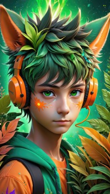 solo,looking at viewer,bangs,shirt,1boy,animal ears,closed mouth,green eyes,upper body,male focus,green hair,artist name,cat ears,hood,vest,lips,fox ears,eyelashes,hoodie,headphones,leaf,watermark,facial mark,plant,portrait,headset,freckles,nose,facepaint,orange shirt,multicolored hair,web address