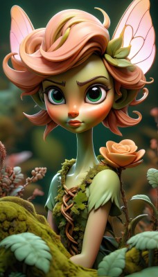 1girl,solo,looking at viewer,blush,short hair,hair ornament,dress,holding,closed mouth,green eyes,upper body,pink hair,flower,short sleeves,outdoors,wings,pointy ears,hair flower,blurry,flat chest,lips,depth of field,blurry background,rose,colored skin,leaf,plant,monster girl,red flower,nature,pink flower,freckles,green dress,fairy wings,fairy,green skin,vines,mushroom,plant girl,shirt,artist name,orange hair,eyelashes