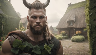 solo,long hair,looking at viewer,brown hair,1boy,brown eyes,jewelry,upper body,braid,flower,male focus,earrings,outdoors,horns,sleeveless,day,pointy ears,tree,tattoo,facial hair,leaf,plant,building,beard,mature male,realistic,mustache,house,muscular,scar,piercing,ear piercing,bush,manly,mohawk