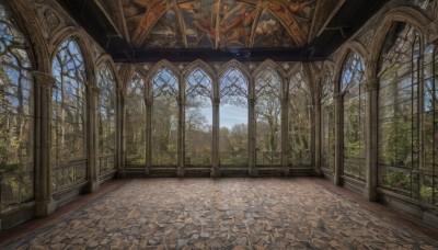 outdoors,sky,day,cloud,indoors,tree,blue sky,dutch angle,no humans,window,sunlight,plant,nature,scenery,forest,stairs,fantasy,architecture,tile floor,pillar,arch,column,leaf,cloudy sky,wooden floor,bare tree,floor,ceiling,stone floor,vanishing point