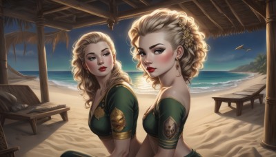 long hair,breasts,looking at viewer,blush,blue eyes,multiple girls,blonde hair,hair ornament,2girls,bare shoulders,jewelry,medium breasts,sitting,closed mouth,green eyes,upper body,braid,flower,short sleeves,earrings,small breasts,outdoors,parted lips,sky,day,midriff,artist name,cloud,hair flower,water,from side,tree,lips,crop top,looking to the side,grey eyes,eyelashes,strapless,makeup,night,bird,siblings,ocean,wavy hair,chair,beach,table,lipstick,sisters,dual persona,eyeshadow,curly hair,twins,nose,green shirt,sand,palm tree,horizon,red lips,shell,side-by-side,mascara,seagull,coconut,brown eyes,swimsuit,bikini