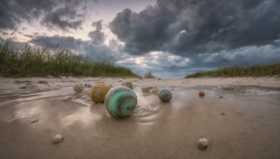 outdoors, sky, day, cloud, water, tree, no humans, ocean, beach, cloudy sky, grass, scenery, ball, sand