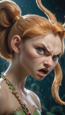 1girl,solo,long hair,breasts,looking at viewer,open mouth,blue eyes,blonde hair,cleavage,bare shoulders,jewelry,collarbone,ponytail,teeth,artist name,necklace,blurry,lips,eyelashes,blood,blurry background,sharp teeth,portrait,angry,freckles,realistic,nose,body freckles,blush,upper body,scar