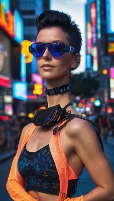 1girl,solo,breasts,looking at viewer,short hair,black hair,cleavage,bare shoulders,jewelry,upper body,earrings,small breasts,outdoors,choker,midriff,dark skin,blurry,collar,dark-skinned female,lips,crop top,blurry background,piercing,sunglasses,ear piercing,freckles,sports bra,city,realistic,nose,hands in pockets,very short hair,undercut,tinted eyewear,very dark skin,cyberpunk,aviator sunglasses,blue-tinted eyewear,gloves,medium breasts,mole,night,depth of field,headphones,tank top,headphones around neck