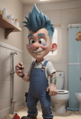 solo,looking at viewer,smile,shirt,1boy,brown eyes,jewelry,blue hair,full body,white shirt,male focus,earrings,shoes,teeth,indoors,bracelet,tattoo,facial mark,brown footwear,spiked hair,clenched hand,child,tiles,overalls,arm tattoo,male child,bathroom,toilet,blue overalls,toilet paper,short hair,mohawk