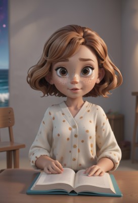 1girl,solo,looking at viewer,short hair,bangs,brown hair,shirt,long sleeves,brown eyes,sitting,upper body,parted lips,indoors,medium hair,blurry,lips,book,night,depth of field,blurry background,ocean,chair,table,polka dot,child,freckles,pajamas,open book,female child,window,aged down