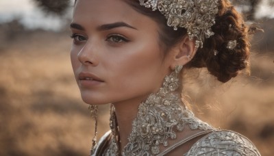 1girl,solo,looking at viewer,brown hair,hair ornament,brown eyes,jewelry,earrings,parted lips,hair bun,blurry,lips,grey eyes,eyelashes,depth of field,blurry background,portrait,realistic,nose,black hair,dress,braid,flower,necklace,piercing,single hair bun,ear piercing,close-up