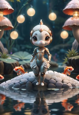 1girl,solo,breasts,looking at viewer,smile,brown hair,brown eyes,closed mouth,standing,full body,small breasts,outdoors,barefoot,water,chibi,armor,blurry,bodysuit,depth of field,blurry background,animal,monster girl,shoulder armor,fishnets,nature,forest,reflection,fish,walking,lantern,fantasy,scales,mushroom,ripples,pond,koi,tree,furry,furry female