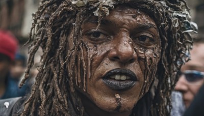 1girl,long hair,looking at viewer,open mouth,brown hair,shirt,black hair,1boy,hat,male focus,parted lips,multiple boys,teeth,solo focus,dark skin,blurry,black eyes,dark-skinned female,lips,depth of field,blurry background,dark-skinned male,portrait,red headwear,realistic,very dark skin,dreadlocks,2boys,mole,makeup,parody,lipstick,mole under mouth