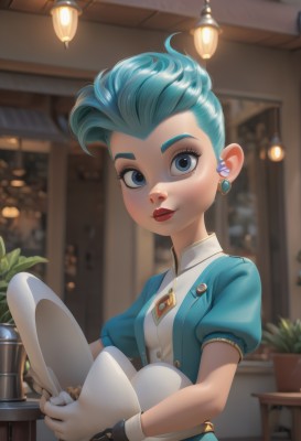 1girl,solo,breasts,looking at viewer,smile,short hair,blue eyes,gloves,dress,holding,jewelry,blue hair,upper body,short sleeves,earrings,puffy sleeves,shiny,artist name,indoors,white gloves,blurry,puffy short sleeves,lips,eyelashes,makeup,blurry background,plant,lipstick,brooch,gem,headwear removed,hat removed,red lips,potted plant,fingerless gloves,aqua hair,tray,lamp