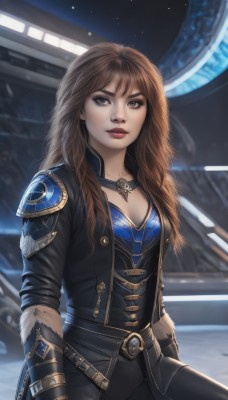 1girl,solo,long hair,breasts,looking at viewer,brown hair,gloves,cleavage,brown eyes,jewelry,medium breasts,sitting,jacket,parted lips,belt,pants,necklace,armor,blurry,lips,coat,black jacket,fur trim,makeup,blurry background,black pants,lipstick,gauntlets,buckle,belt buckle,realistic,nose,red lips,leather,bangs,braid,small breasts,open clothes,artist name,grey eyes