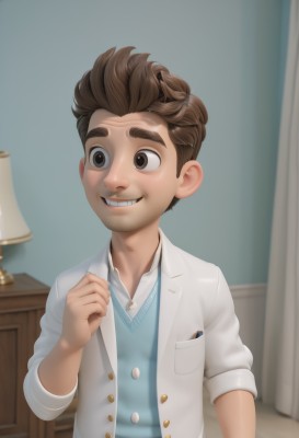 solo,smile,brown hair,shirt,1boy,brown eyes,upper body,male focus,teeth,indoors,grin,buttons,facial hair,blue shirt,clenched hand,child,labcoat,lamp,male child,real life insert,short hair,jacket,white shirt,open clothes,collared shirt,blurry,vest,blurry background,watermark,thick eyebrows,realistic