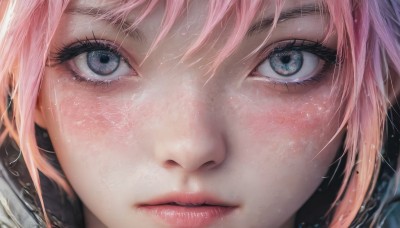 1girl,solo,looking at viewer,blush,short hair,bangs,blue eyes,closed mouth,pink hair,lips,wet,eyelashes,portrait,close-up,reflection,realistic,nose,eye focus,hair between eyes,artist name,water,grey eyes,expressionless,freckles,water drop,straight-on