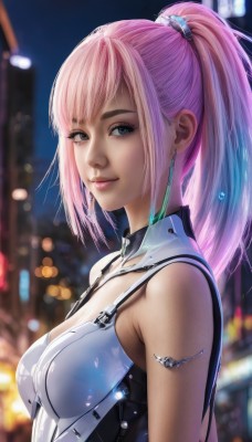 1girl,solo,long hair,breasts,looking at viewer,smile,bangs,blue eyes,hair ornament,cleavage,bare shoulders,jewelry,medium breasts,closed mouth,upper body,ponytail,pink hair,sidelocks,multicolored hair,earrings,sleeveless,artist name,blurry,from side,lips,grey eyes,eyelashes,makeup,night,depth of field,blurry background,high ponytail,armlet,nose,outdoors,detached collar,science fiction,realistic,bokeh