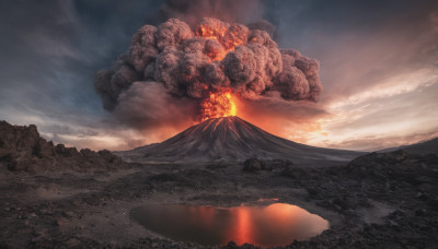 outdoors, sky, cloud, no humans, cloudy sky, fire, scenery, mountain, explosion, landscape, molten rock