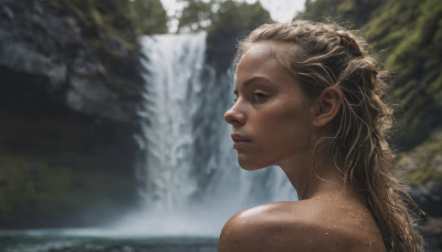 1girl, solo, long hair, blue eyes, blonde hair, upper body, outdoors, water, blurry, lips, blurry background, realistic, nose, waterfall