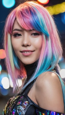 1girl,solo,looking at viewer,smile,short hair,bangs,bare shoulders,brown eyes,blue hair,upper body,pink hair,multicolored hair,teeth,sleeveless,grin,blurry,black eyes,two-tone hair,lips,looking to the side,gradient hair,makeup,blurry background,watermark,web address,realistic,nose,rainbow hair,shirt,jewelry,parted lips,artist name,medium hair,necklace,from side,eyelashes,depth of field,swept bangs,turtleneck,freckles,bokeh