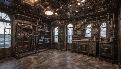 indoors,no humans,window,chair,table,scenery,stairs,door,clock,tiles,lamp,tile floor,gears,steampunk,day,snow,desk,wooden floor,shelf,ceiling,drawer,candlestand,cabinet